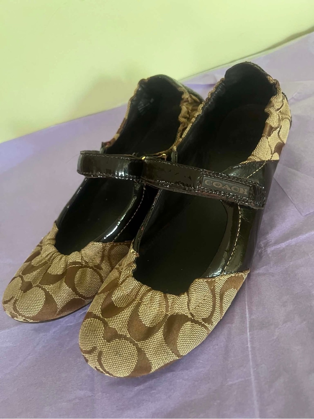 COACH Brown Signature Mary Jane Flats with Patent Strap
